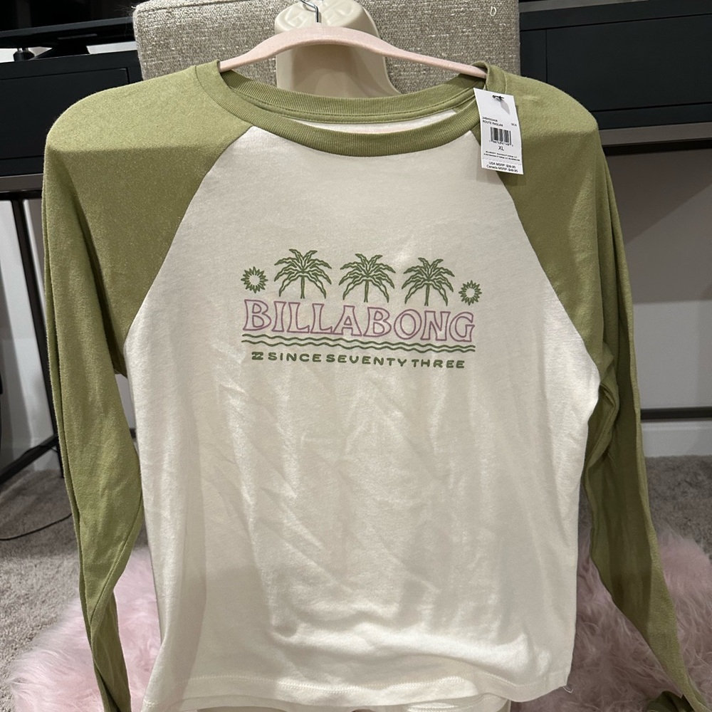 Billabong Cream and Olive Green Long Sleeve Raglan Tee - women’s